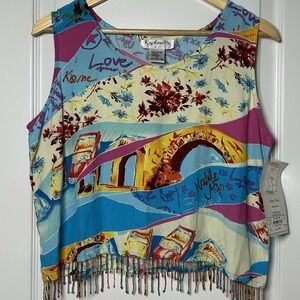 Key Lime Pie Boardwalk Novelty Print Beaded Fringe Crop Tank Boho Festival Style